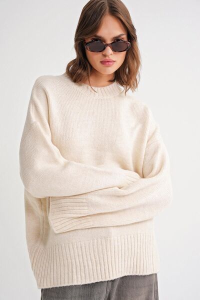 Hiccup Pulover tricotat cu nervuri supradimensionate Mixray, cu guler rotund