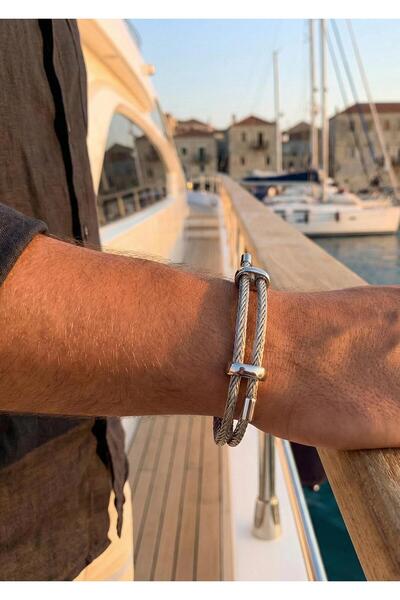 Duke Nickle Men's Silver Steel Rope Design Bracelet Modern Handcuff Model Bra...