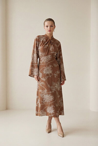Setre Brown Patterned Dress with Sleeve and Collar Detail