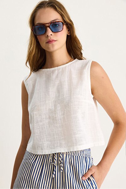 Hiccup Cropped round-neck blouse in linen blend