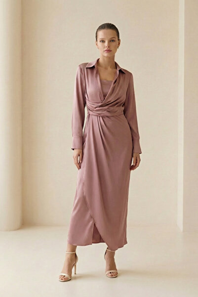 Setre Dusty Rose Shirt Collar Double Breasted Closure Long Sleeve Midi Length...