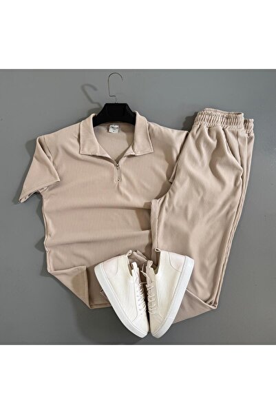 WENMİNG Men's Ribbed Ottoman Fabric T-Shirt and Pants Set