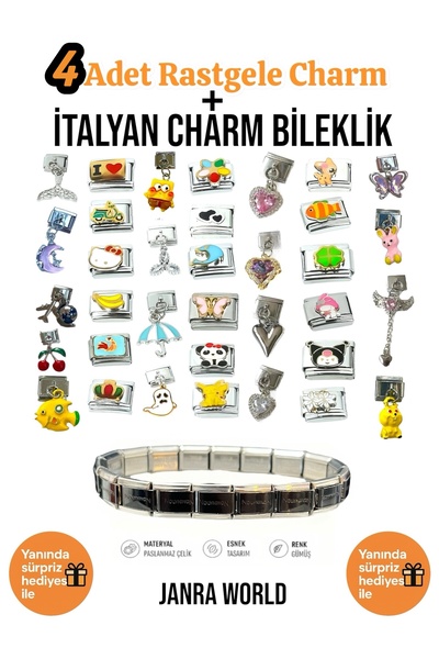 JANRA WORLD 4 Adet Rastgele Charm + İtalyan Charm Bileklik Seti | Sürpriz Hed...