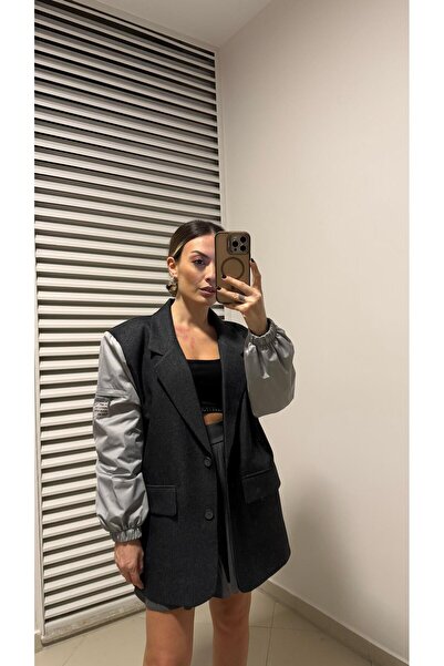 Duya Butik ANTRASİT KOLLARI PARAŞÜT KUMAŞ BLAZER CEKET