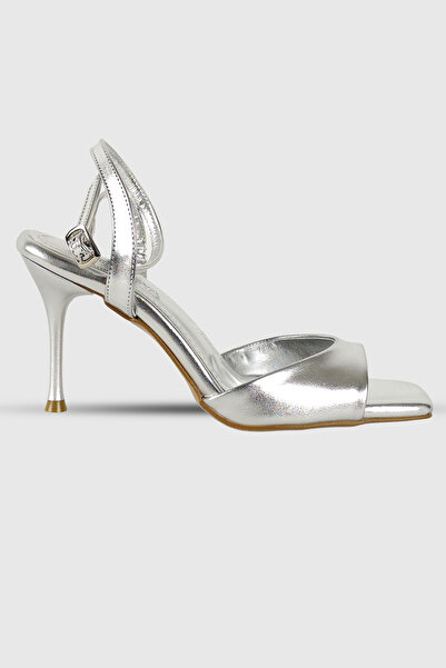 Modezya Magnolia Silver Single Strap Square Toe Ankle Strap Women's Heeled Shoes