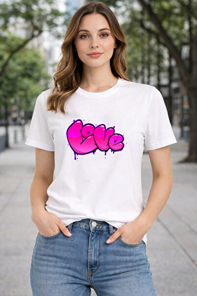 herkesemoda Basic T-Shirt with Love Print Detail