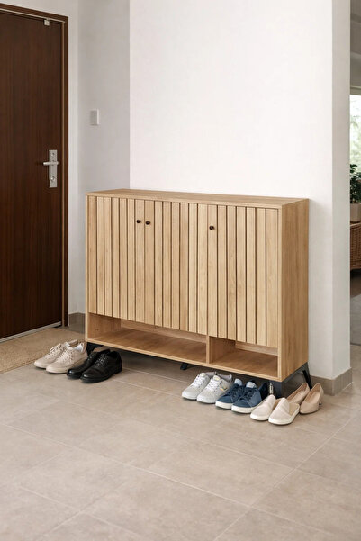 MARIA HOMES Stylish Wooden Shoe Cabinet Entryway Organizer with Slatted Doors...