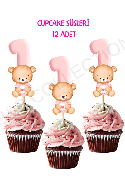 P&B COLLECTION WORKSHOP Cupcake kürdanı ayı ayıcık 1 yaş temalı 12 adet pasta...