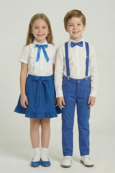 nacar çarşı 2'li Kız Çocuk Saks Fırfırlı Gömlek Erkek Çocuk Saks Mavi Takım 2...