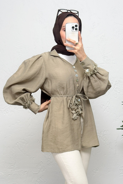 Salih Çelebi Floral Accessory Shirt 0064 - Khaki