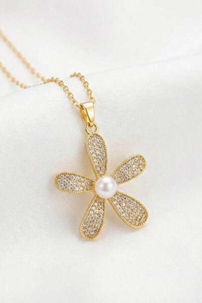 Pearl Detailed Flower Model Stainless Steel Gold Color Women's Necklace with Zircon Gemstone