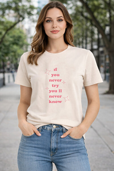herkesemoda İf You Never Print Detailed Basic T-Shirt