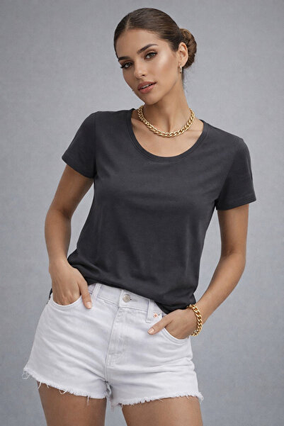 WILD BEE Women's Anthracite Cotton Crew Neck Short Sleeve T-Shirt