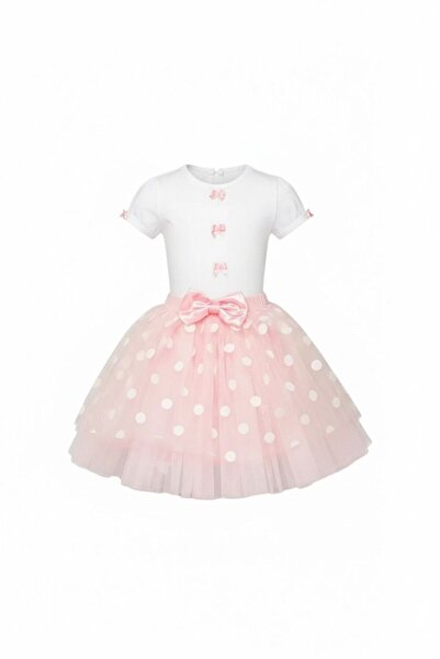 Astra Plus Дівчача сукня з тюлевою спідницею в горошок і білою футболкою, кос...