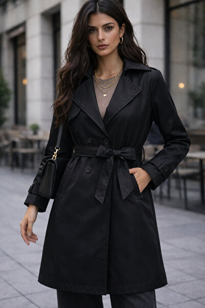 kikiriktekstil 10965 Women's Belt Detailed Front Four-Button Long Trench Coat