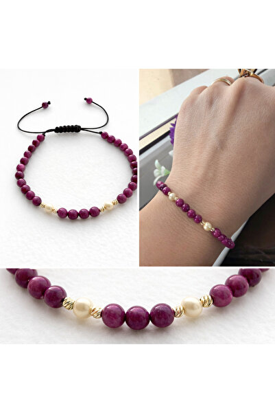 Marina Brățară handmade cu jad mov și bile din aur – reglabilă, șnur negru