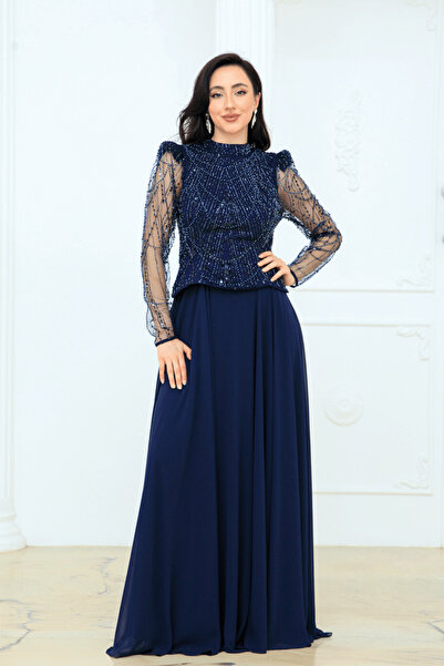 BEYBOS Top Beaded Detailed Bottom Chiffon Dress - Dark Blue