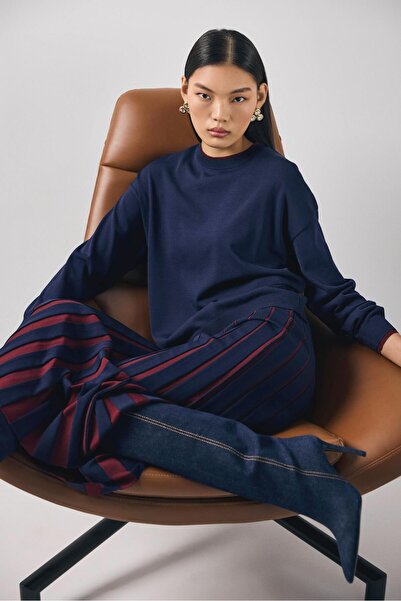 Tığ Triko Renk Bloklu Etekli Bluz Rayon Takım LACİVERT