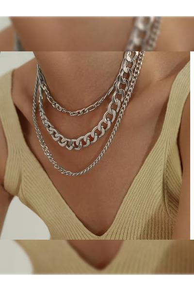 PURE BERRY Thick 3-Piece Silver Color Necklace Set