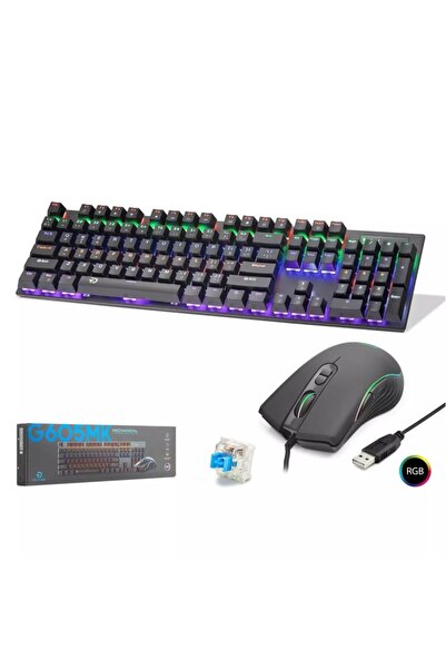 HADRON G605MK Mekanik Gaming Klavye Mouse Seti Blue Switch RGB 7200 DPI - Siy...