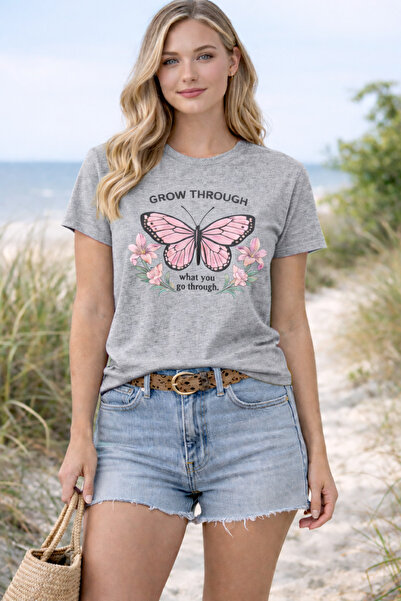 herkesemoda Grow through Print Detailed Basic T-Shirt