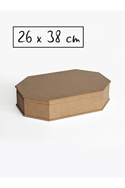 Ahşap Ham mdf, Boyanabilir, Menteşe Kapak Sekizgen Kutu, 26x38 cm