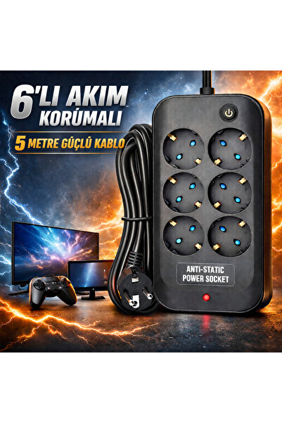 FIRSAT YOLU 6’lı Akım Korumalı Priz Anahtarlı Parafudr Anti-Statik 3x1.5mm 5 ...