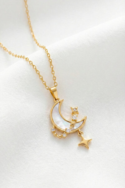 Sliding Star Detailed White Moon Model Dangling Stainless Steel Gold Color Women's Necklace