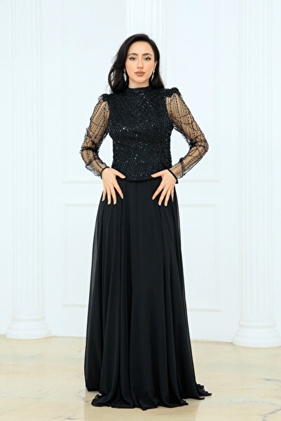 BEYBOS Top Beading Detailed Bottom Chiffon Dress - Black