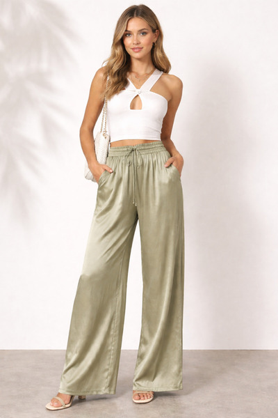 kikiriktekstil 10964 Women's High Waist Palazzo Satin Trousers with Elastic W...