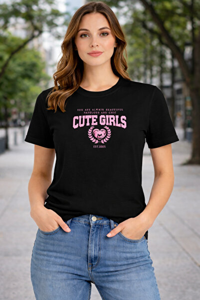 herkesemoda Βασικό μπλουζάκι με στάμπα χαριτωμένων κοριτσιών και λεπτομέρειες