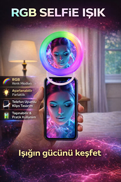 MO DOU RGB Selfie Işığı Aynalı Telefon Klipsli Halka Işık LED Selfie Lambası ...