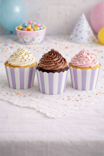 NEWPARİ Çizgili Makaron Lila Renk Temalı Cupcake & Muffin Kek Kalıbı Fırında ...