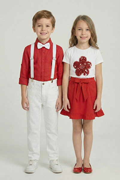 nacar çarşı 2'li Kız Çocuk Kırmızı Papatya ve Erkek Çocuk Kırmızı Takım 23 Ni...