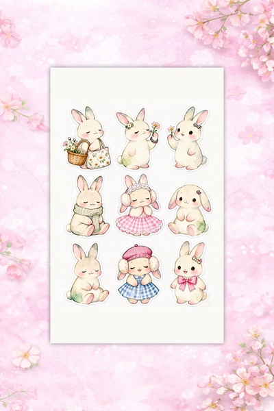 LABELOVE 4 Sayfa Cute Bunny Sticker | Suya Dayanıklı Tavşan Etiket Seti | Çocuk & Planner Sticker