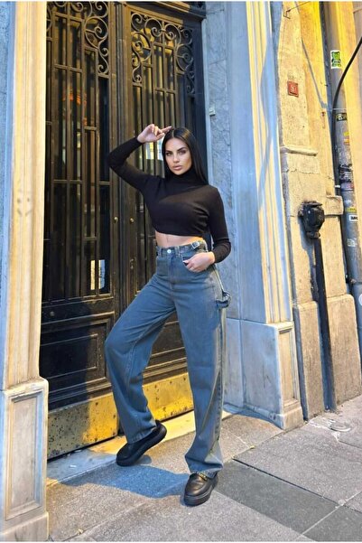 KENE JEANS Ψηλόμεσο τζιν με πλαϊνή ζώνη, τσέπη cargo και φαρδιά μπατζάκια