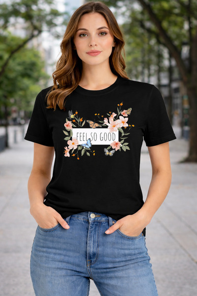 herkesemoda Feels so Good Print Detailed Basic T-Shirt