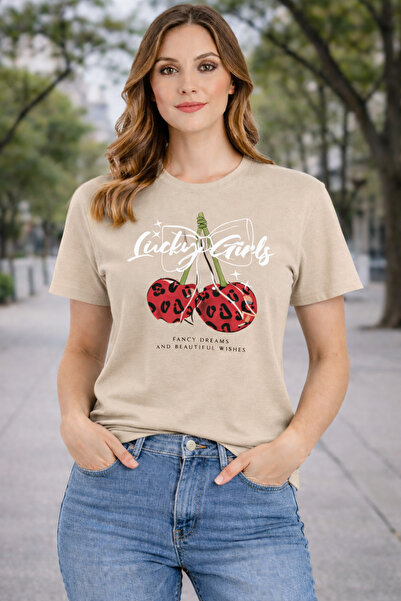 herkesemoda Luck Girls Print Detailed Basic T-Shirt