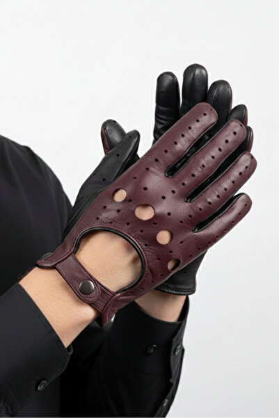 Mrey Genuine Leather Burgundy Black Driving Gloves, Snap Fastener Wrist, Leat...