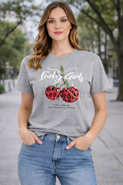 herkesemoda Luck Girls Print Detailed Basic T-Shirt