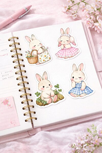 LABELOVE 4 Sayfa Cute Bunny Sticker | Suya Dayanıklı Tavşan Etiket Seti | Çocuk & Planner Sticker