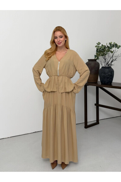 Cool & Sexy Viscose Fabric Zipper Detailed Top and Bottom Set Beige