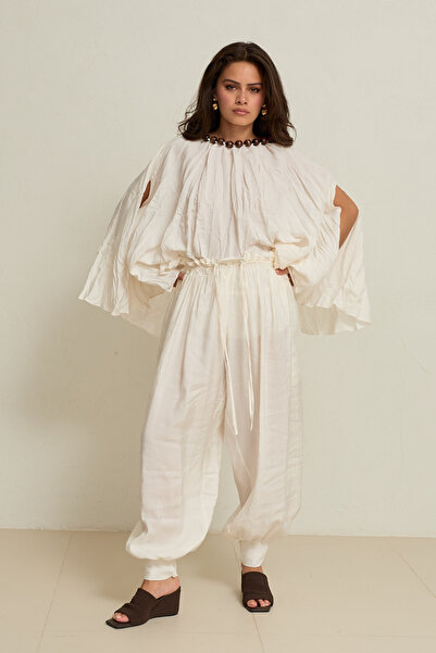 Setre Cream-Colored, Comfortable Fit Pants with Elastic Waistband and Cuff De...