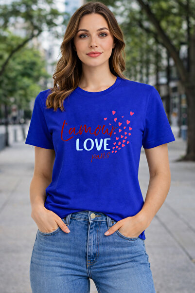 herkesemoda Lamour Love Print Detailed Basic T-Shirt