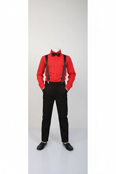 Astra Plus Ανδρικό μαύρο παντελόνι με τιράντες και κόκκινο πουκάμισο Κοστούμι...