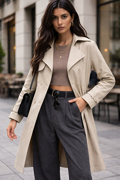 kikiriktekstil 10965 Women's Belt Detailed Front Four-Button Long Trench Coat