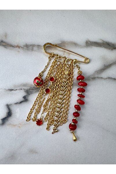 cadeaccessories Kırmızı Mineli Top Ve Mercan Taşlı İğne