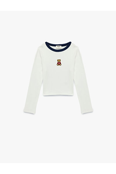 Koton Uzun Kollu Bisiklet Yaka Ayıcık Nakış Detaylı Pamuklu Crop Tişört