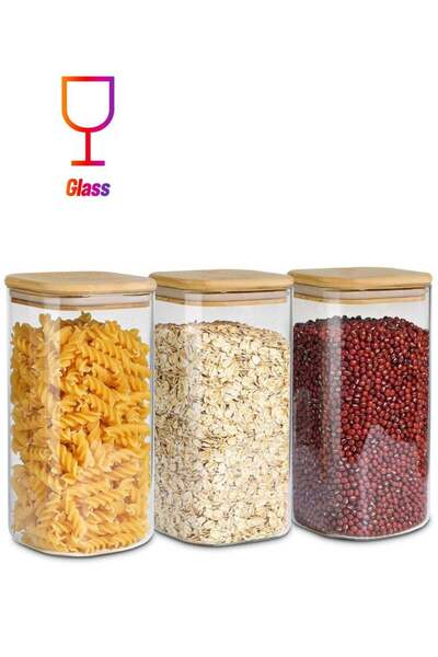 ZIMNEST 1 piece of Square Glass Storage Jars with Wooden Lids برطمان زجاجي بغ...