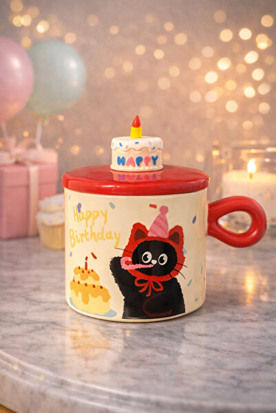 matheon Birthday Themed Ceramic Mug with Lid – Cat Design Gift Mug
